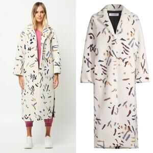 ELLIATT Clara Abstract Print Long Coat in Neutral Multicolor Fuzzy Size XS NEW